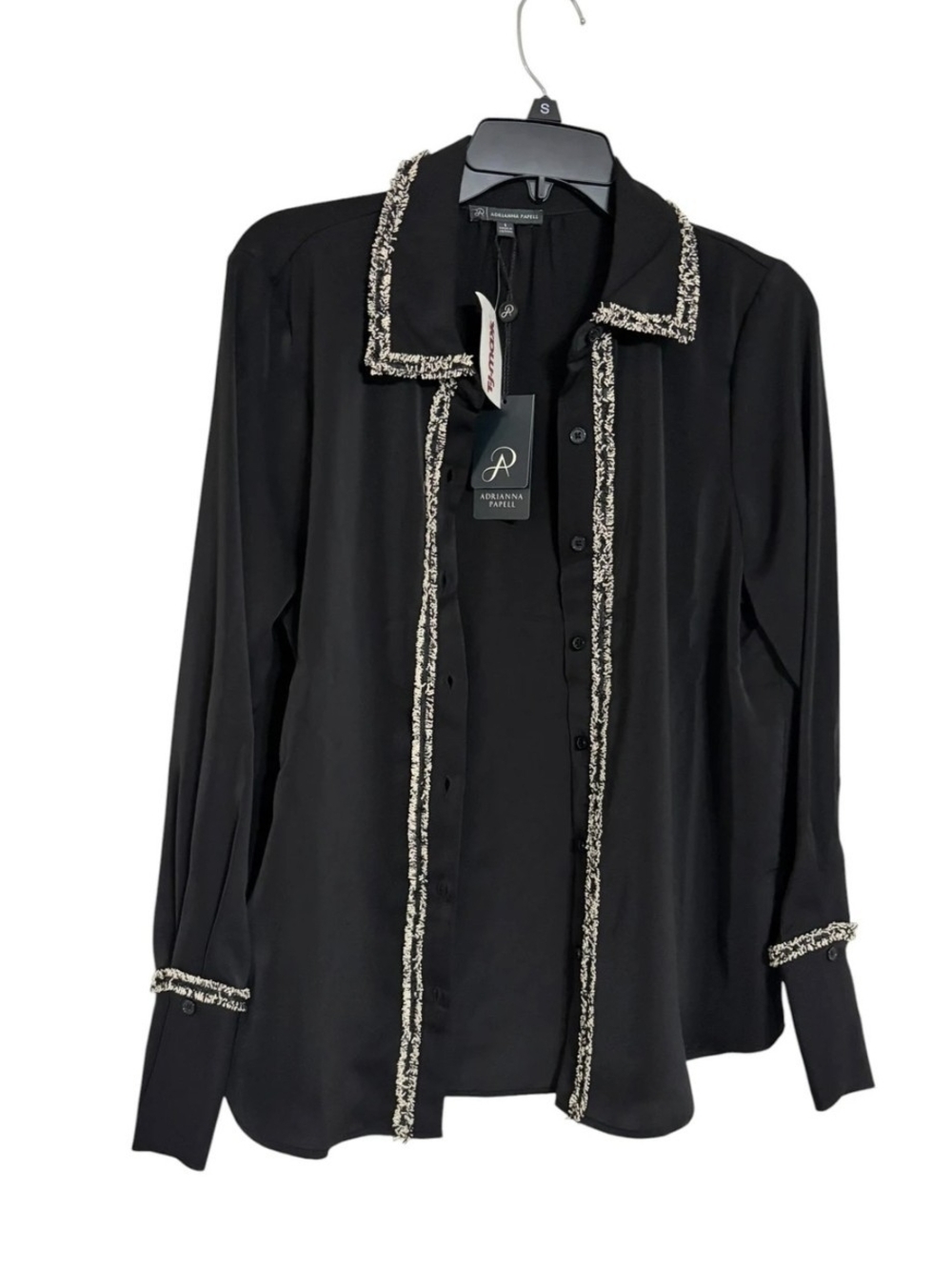 Adrianna Papell Black Long-Sleeve Shirt with Cream Braided Trim